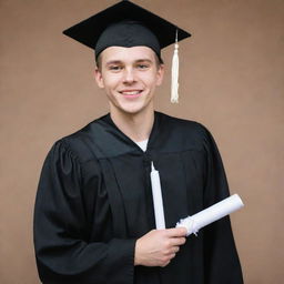 A happy young man with Caucasian features, wearing a black graduation gown and a mortarboard cap with a white tassel, holding a diploma, with a background signifying a graduation event.