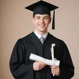 A happy young man with Caucasian features, wearing a black graduation gown and a mortarboard cap with a white tassel, holding a diploma, with a background signifying a graduation event.