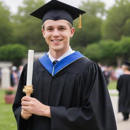 A happy young man with Caucasian features, wearing a black graduation gown and a mortarboard cap with a white tassel, holding a diploma, with a background signifying a graduation event.