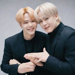 Jimin and Yoongi from BTS, often known as 'Yoonmin', in a friendly huddle, enthusiastically interacting, capturing their signature affections and bond.