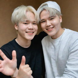 Jimin and Yoongi from BTS, often known as 'Yoonmin', in a friendly huddle, enthusiastically interacting, capturing their signature affections and bond.