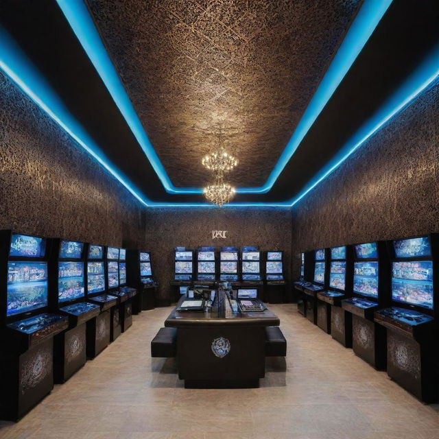 A 'Vipac' gaming store located in Iran, combining traditional Persian architectural elements with modern design. The store features an array of gaming gear and the 'Vipac' logo.