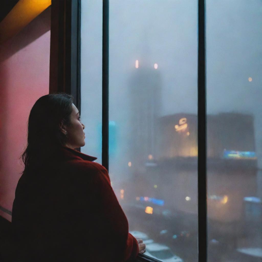 A person longingly watching through a foggy window pane, viewing the vibrant, lively scene of fancy clubs and restaurants happening beyond their grasp.