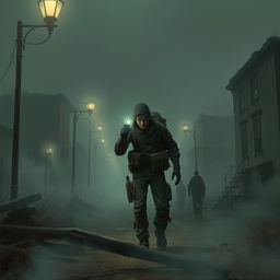 A spooky and atmospheric depiction of a character exploring a foggy, abandoned town reminiscent of the Silent Hill video game