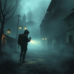 A spooky and atmospheric depiction of a character exploring a foggy, abandoned town reminiscent of the Silent Hill video game