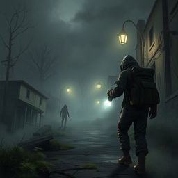 A spooky and atmospheric depiction of a character exploring a foggy, abandoned town reminiscent of the Silent Hill video game