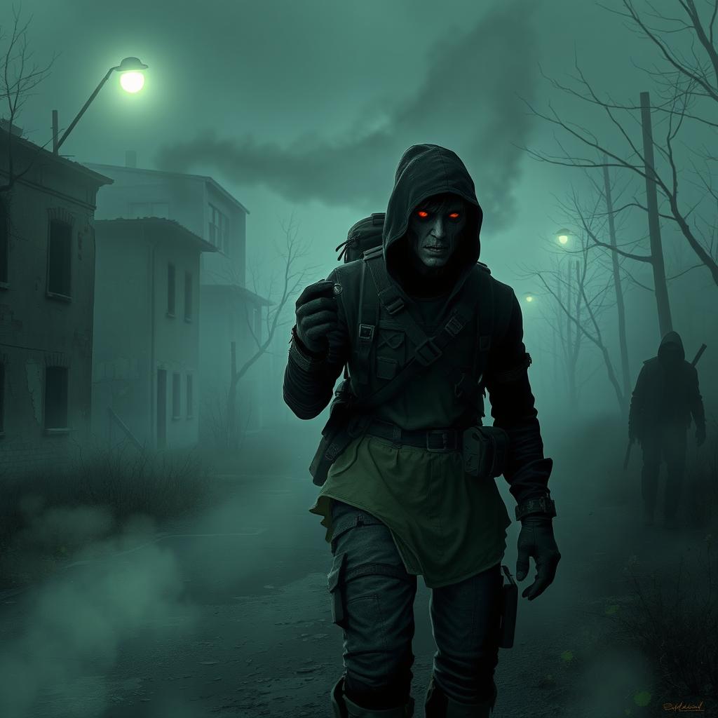 A spooky and atmospheric depiction of a character exploring a foggy, abandoned town reminiscent of the Silent Hill video game