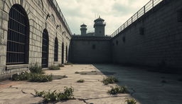 An atmospheric and detailed depiction of a prison background, showcasing large stone walls with imposing iron bars and weathered textures