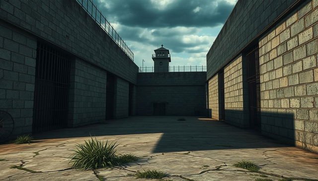 An atmospheric and detailed depiction of a prison background, showcasing large stone walls with imposing iron bars and weathered textures