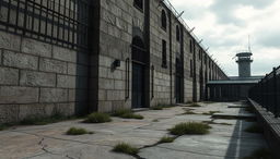 An atmospheric and detailed depiction of a prison background, showcasing large stone walls with imposing iron bars and weathered textures