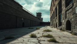 An atmospheric and detailed depiction of a prison background, showcasing large stone walls with imposing iron bars and weathered textures