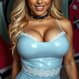 A visually striking close-up of a gorgeous blonde woman's torso, showcasing her large chest and prominent cleavage