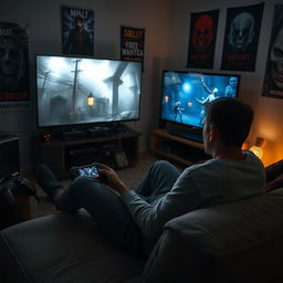 A gaming enthusiast sitting on a couch in a dimly lit room, playing a PlayStation while immersed in the eerie and unsettling world of Silent Hill