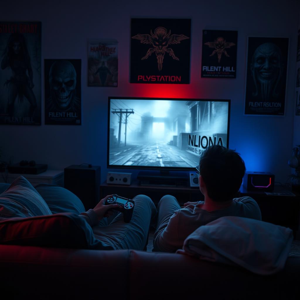 A gaming enthusiast sitting on a couch in a dimly lit room, playing a PlayStation while immersed in the eerie and unsettling world of Silent Hill