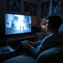 A gaming enthusiast sitting on a couch in a dimly lit room, playing a PlayStation while immersed in the eerie and unsettling world of Silent Hill