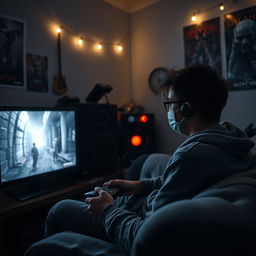 A gaming enthusiast sitting on a couch in a dimly lit room, playing a PlayStation while immersed in the eerie and unsettling world of Silent Hill