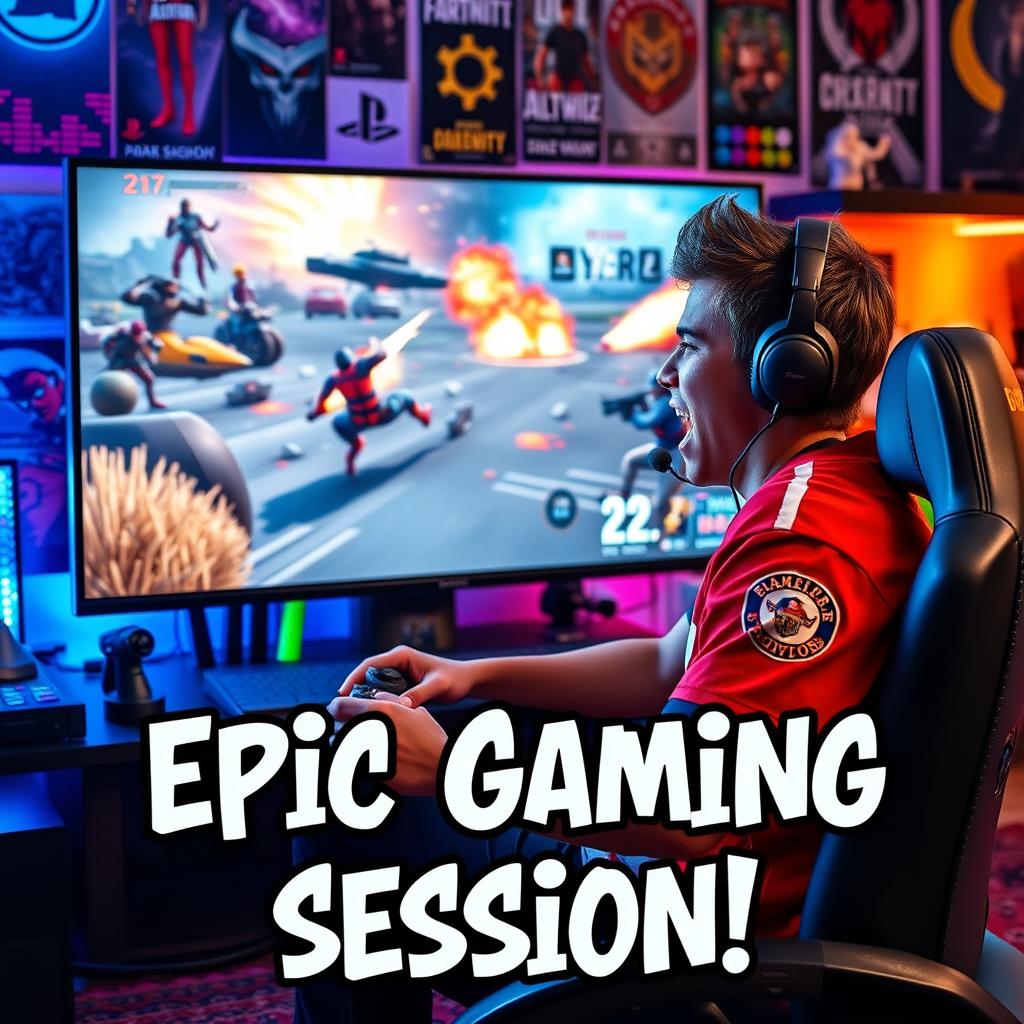 A vibrant and eye-catching YouTube thumbnail featuring a lively gamer sitting in front of a large screen, playing on a PlayStation