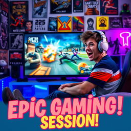 A vibrant and eye-catching YouTube thumbnail featuring a lively gamer sitting in front of a large screen, playing on a PlayStation