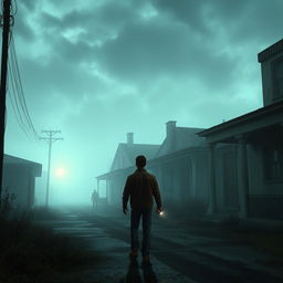 A haunting scene inspired by the video game Silent Hill 2 for PlayStation, featuring a foggy, eerie atmosphere