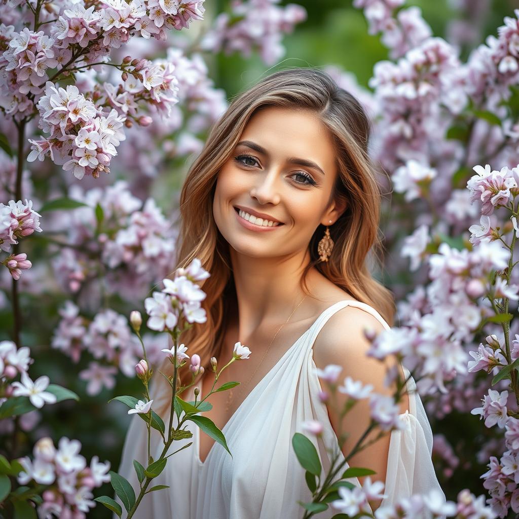 A serene woman with a gentle smile, surrounded by blooming flowers in a lush natural setting