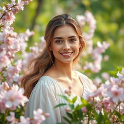 A serene woman with a gentle smile, surrounded by blooming flowers in a lush natural setting