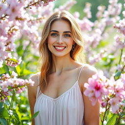 A serene woman with a gentle smile, surrounded by blooming flowers in a lush natural setting