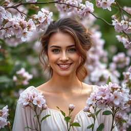 A serene woman with a gentle smile, surrounded by blooming flowers in a lush natural setting