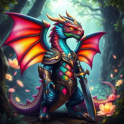 A majestic rainbow dragonborn, featuring vibrant scales shimmering with all the colors of the rainbow, standing proud in a mystical forest setting