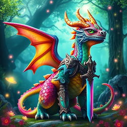 A majestic rainbow dragonborn, featuring vibrant scales shimmering with all the colors of the rainbow, standing proud in a mystical forest setting