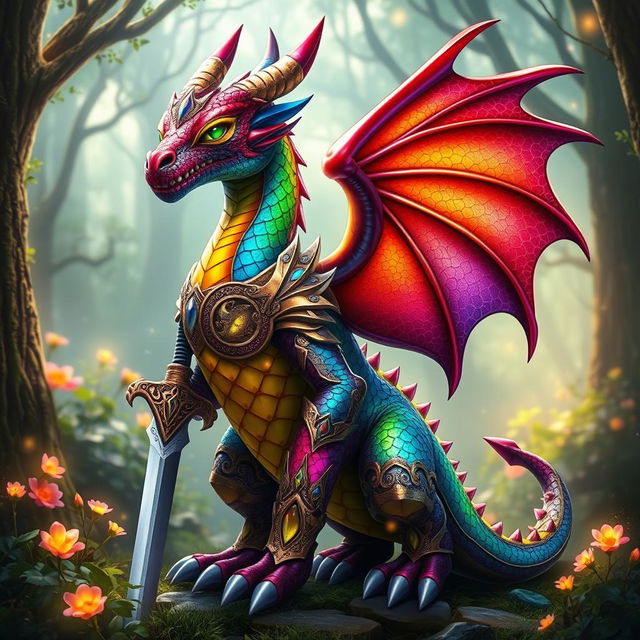 A majestic rainbow dragonborn, featuring vibrant scales shimmering with all the colors of the rainbow, standing proud in a mystical forest setting