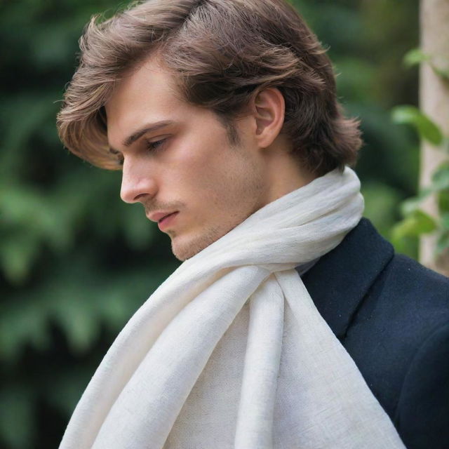 Fairytale style novel cover featuring the side profile of a handsome young man with his eyes covered by a long strip of cloth