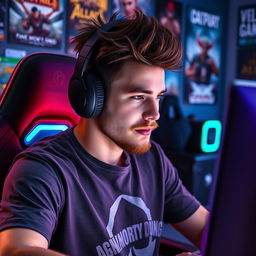 A male gamer with spiky brown hair and a light beard, seated in a modern gaming setup