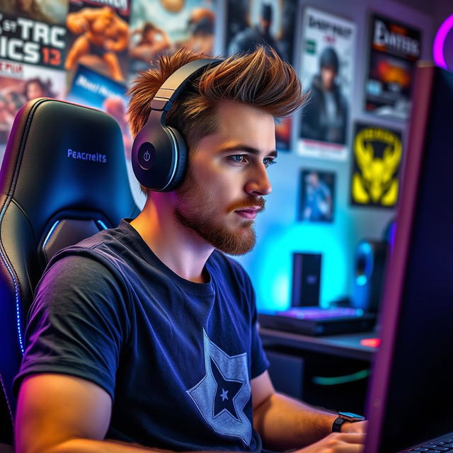 A male gamer with spiky brown hair and a light beard, seated in a modern gaming setup