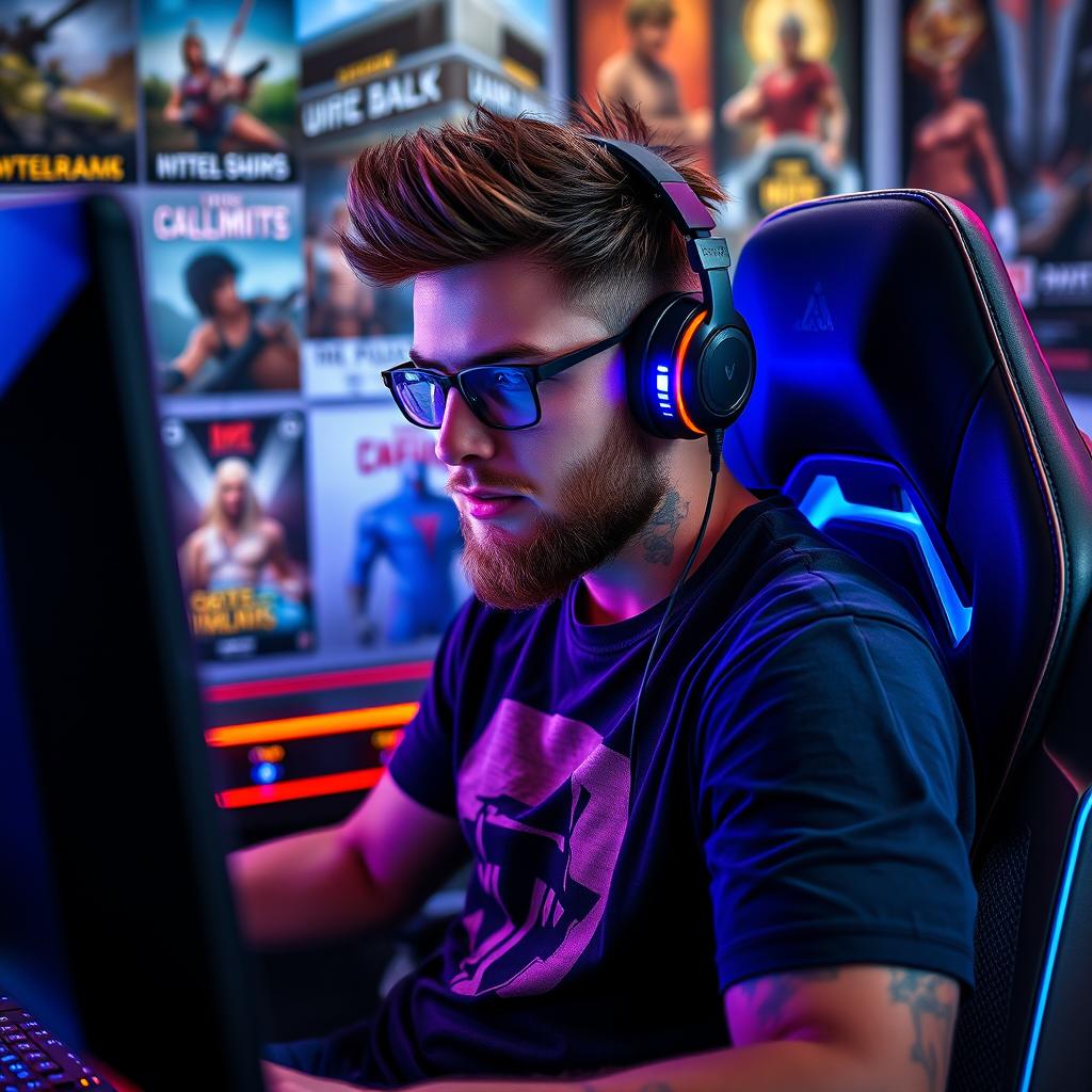 A male gamer with spiky brown hair and a light beard, seated in a modern gaming setup