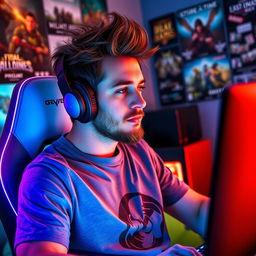 A male gamer with spiky brown hair and a light beard, seated in a modern gaming setup