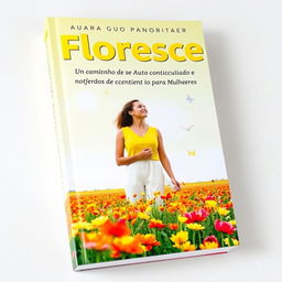 A vibrant book cover featuring a woman standing in a colorful flowering field, gazing towards the horizon with an expression of hope and determination