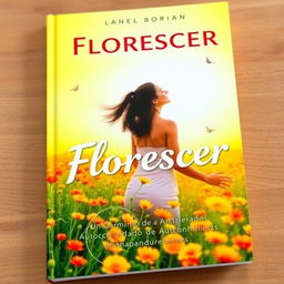 A vibrant book cover featuring a woman standing in a colorful flowering field, gazing towards the horizon with an expression of hope and determination