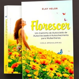 A vibrant book cover featuring a woman standing in a colorful flowering field, gazing towards the horizon with an expression of hope and determination