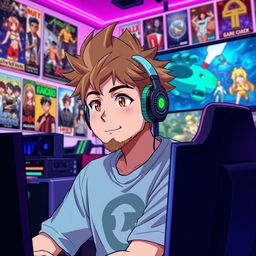 An anime-style illustration of a male gamer with spiky brown hair and a light beard