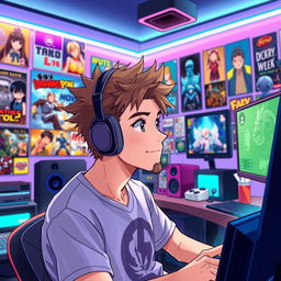 An anime-style illustration of a male gamer with spiky brown hair and a light beard