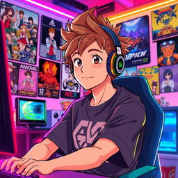 An anime-style illustration of a male gamer with spiky brown hair and a light beard