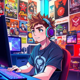 An anime-style illustration of a male gamer with spiky brown hair and a light beard