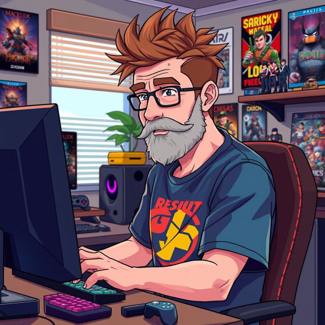 An anime-style illustration of a 40-year-old man with spiky brown hair and a light beard, embodying a mature gamer persona