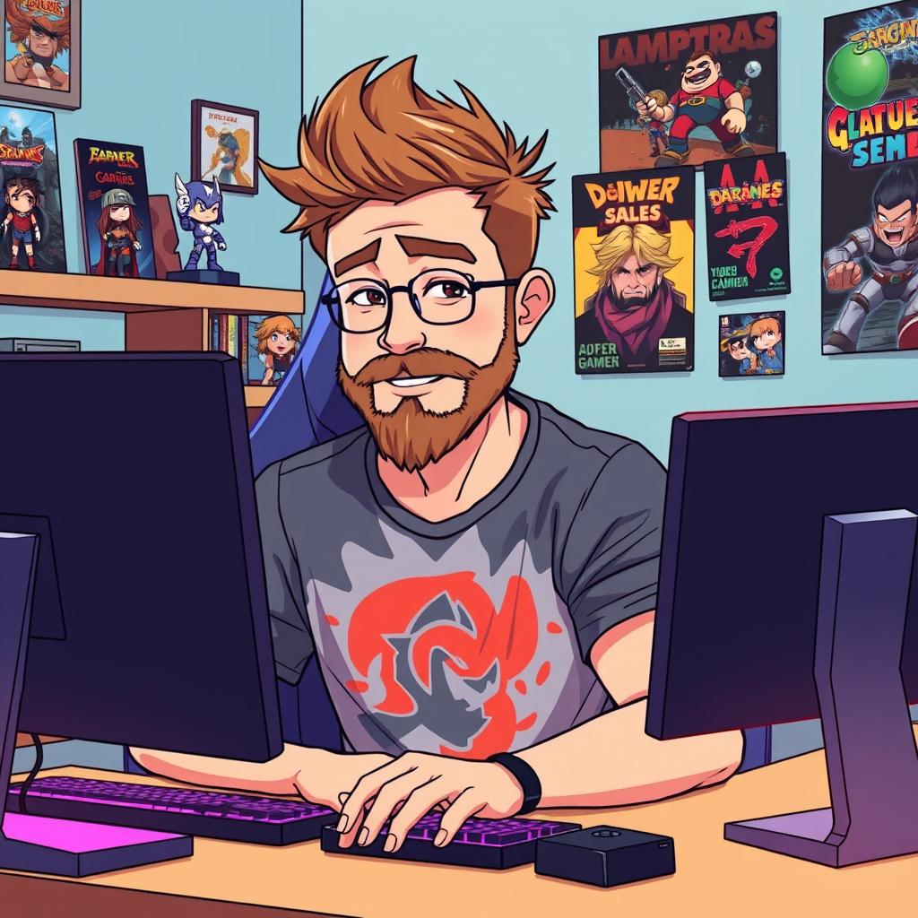 An anime-style illustration of a 40-year-old man with spiky brown hair and a light beard, embodying a mature gamer persona