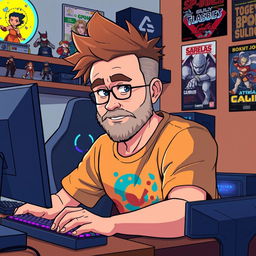 An anime-style illustration of a 40-year-old man with spiky brown hair and a light beard, embodying a mature gamer persona