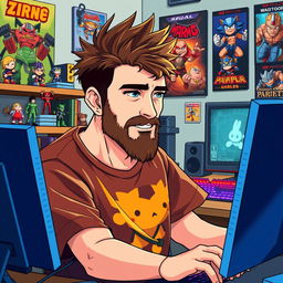 An anime-style illustration of a 40-year-old man with spiky brown hair and a light beard, embodying a mature gamer persona