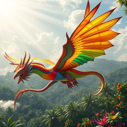 A magnificent rainbow Couatl, a mythical dragonborn creature, gracefully soaring through the sky