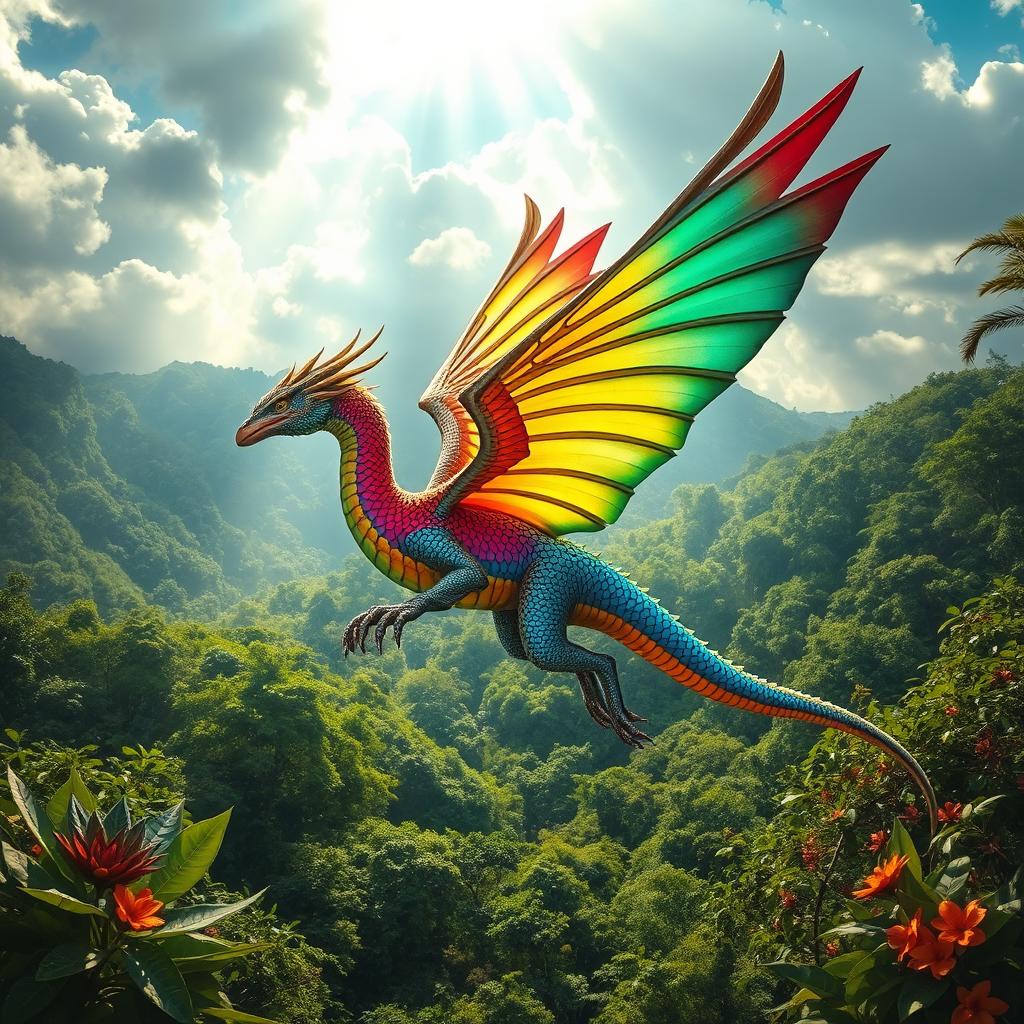 A magnificent rainbow Couatl, a mythical dragonborn creature, gracefully soaring through the sky