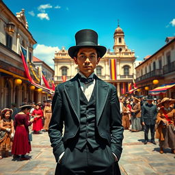 A vibrant historical reenactment of Simoun from Jose Rizal's novel 'El Filibusterismo' set in the Philippines during the late 19th century