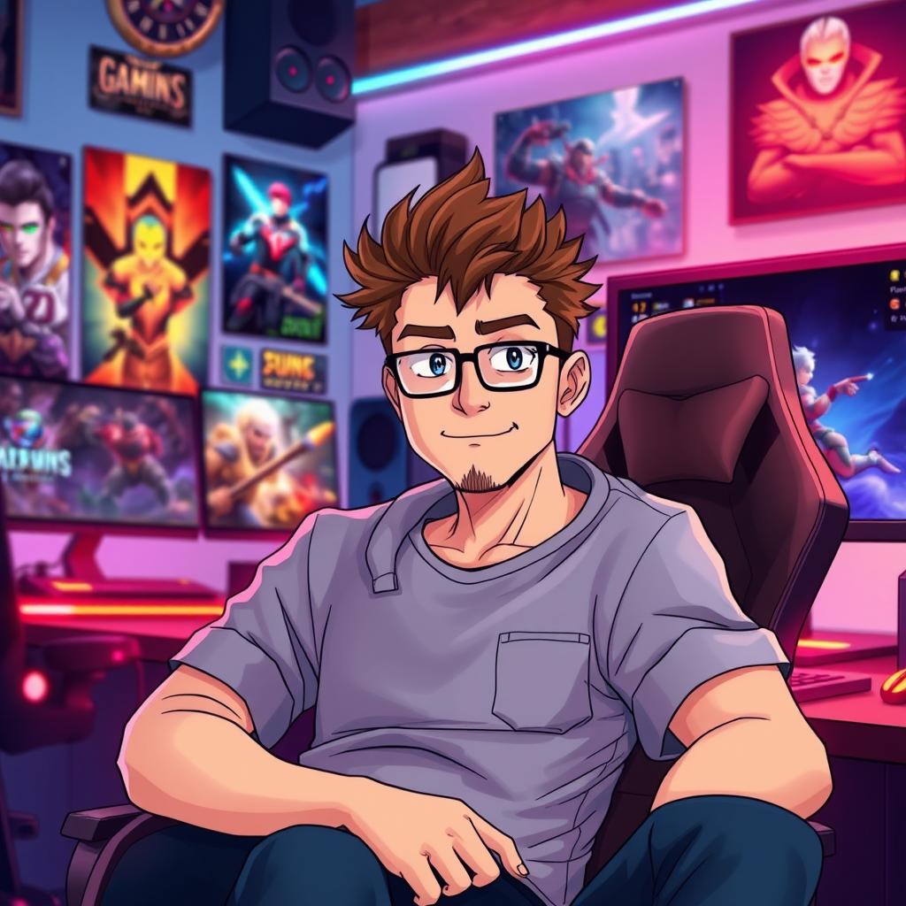 An anime-style illustration of a 40-year-old man with spiky brown hair and a distinguished look, embodying a seasoned gamer